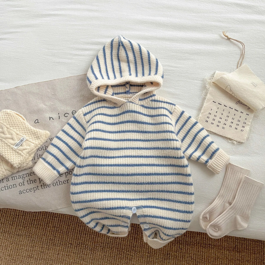 Striped Knit Romper detail of hood and sleeve cuff