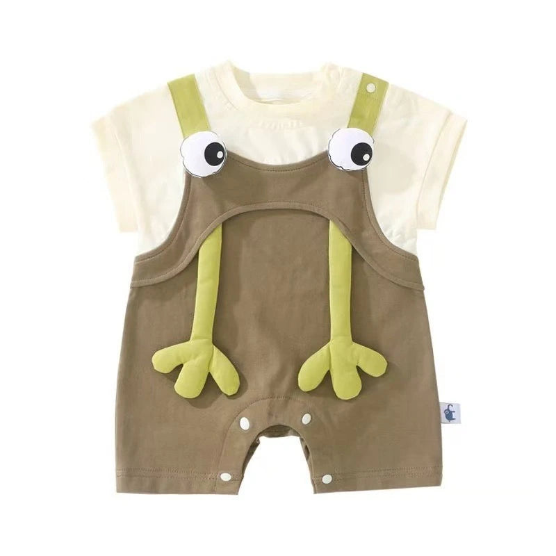 Unisex infant brown romper with 3D frog eyes and feet design