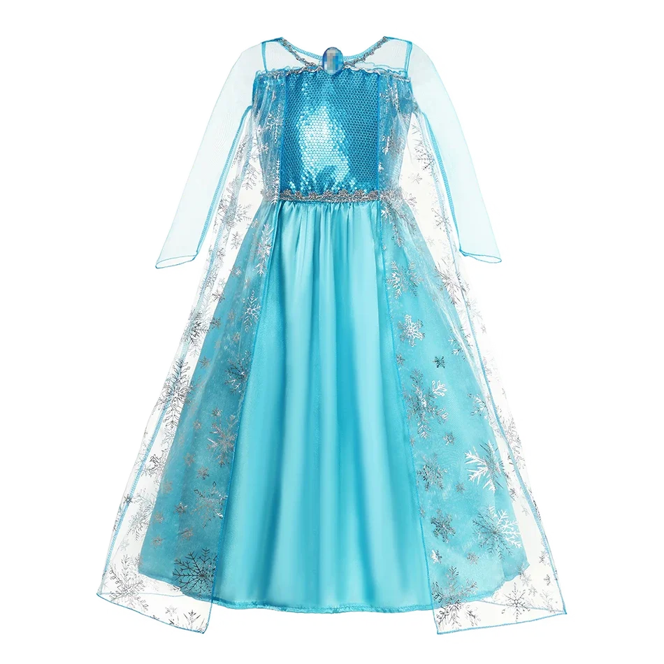 Blue snowflake princess dress costume with sequin bodice and sheer snowflake cape