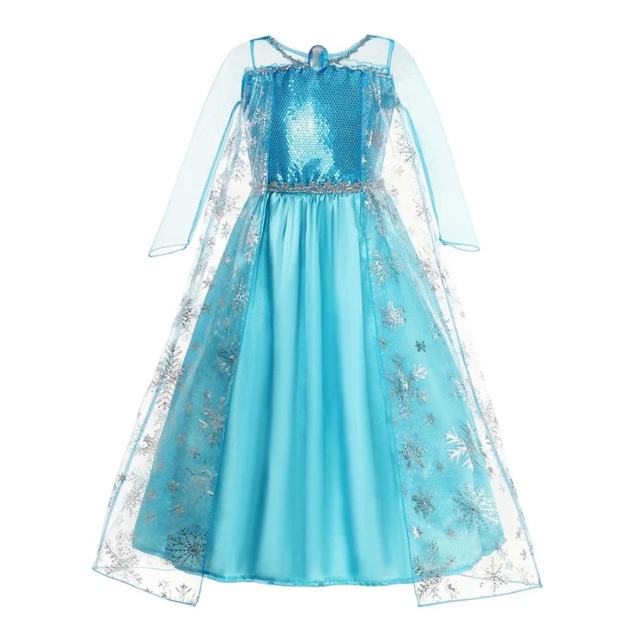 Blue snowflake princess dress costume with sequin bodice and sheer snowflake cape
