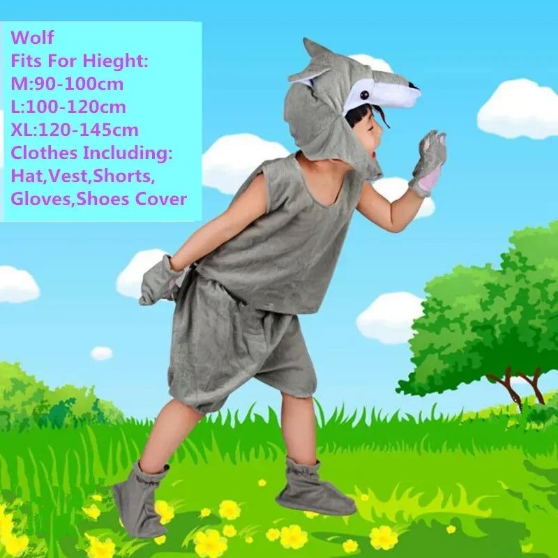 Child wearing gray wolf animal costume set with hat, vest, shorts, gloves, and shoe covers