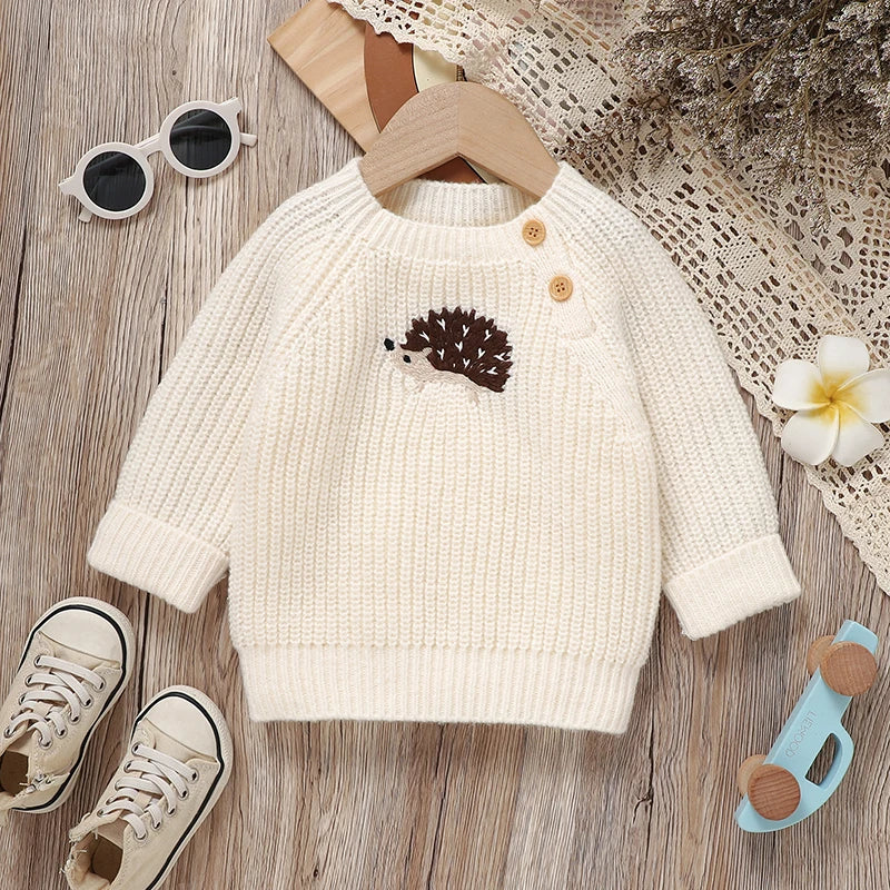Soft Knit Pullover Sweater with Hedgehog Embroidery
