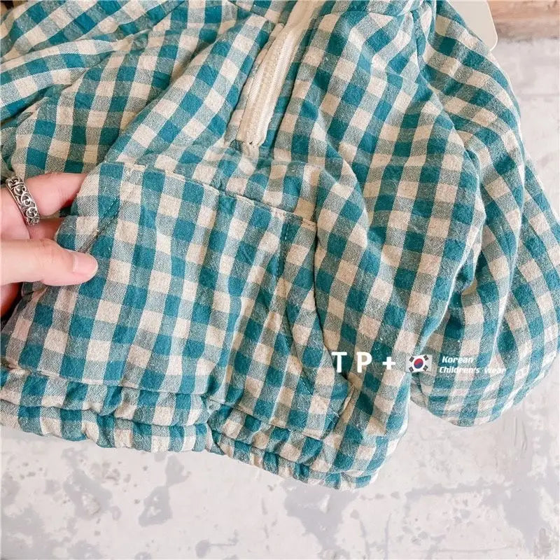 Plaid Cotton Kids Jacket with Plush Warmth close-up of fabric texture