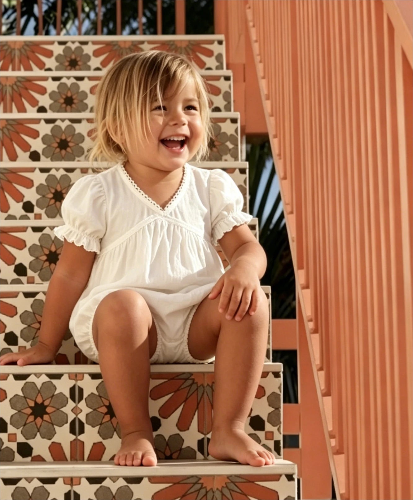 Nordic Cotton and Linen Short Sleeve Lace Jumpsuit with Hollow Out Back and V-Neck for Babies