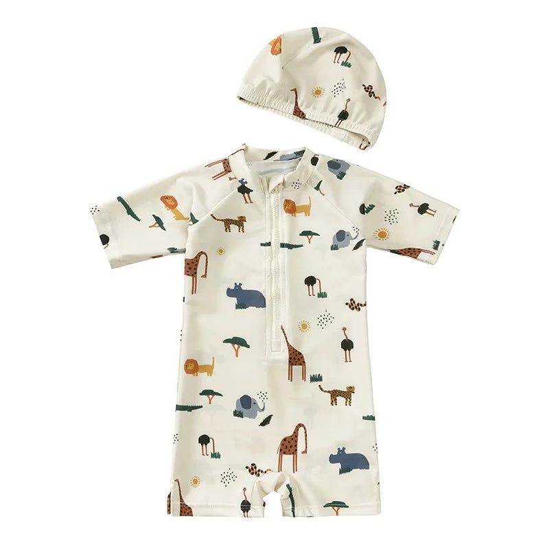 Safari-print baby swim bodysuit with matching hat