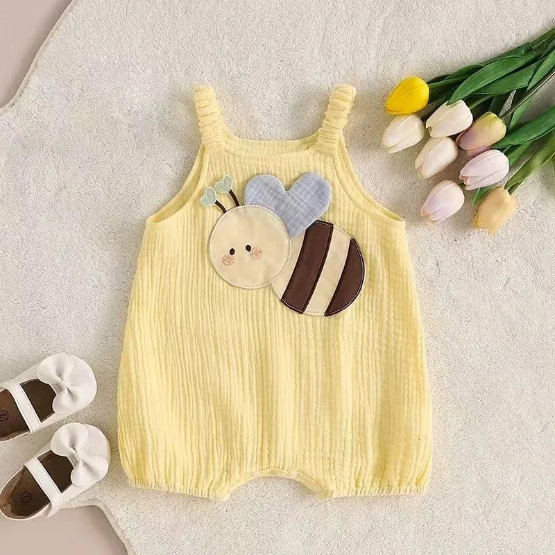 Crinkled Cotton Cartoon Romper in Blue and Yellow variants for babies