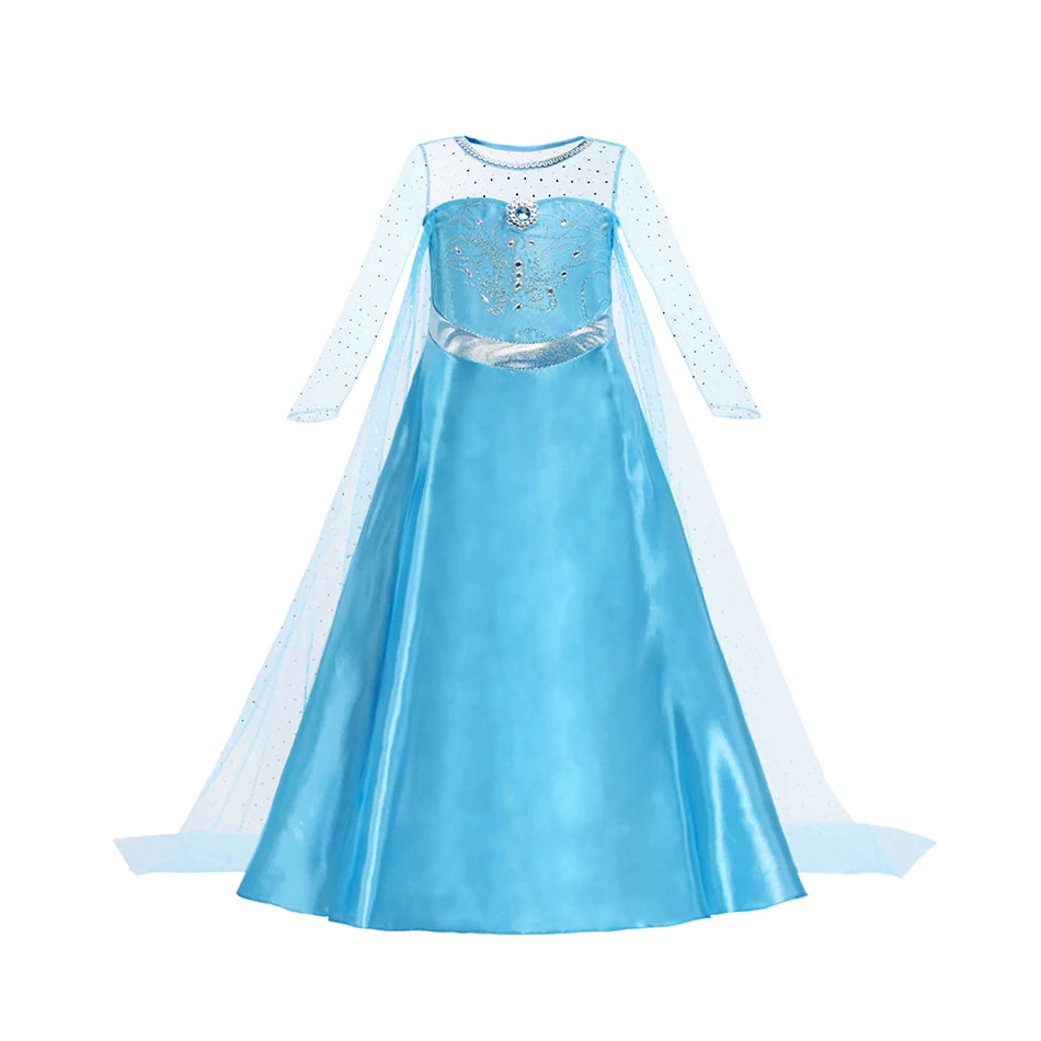 Blue princess dress costume with sheer sleeves and glitter cape