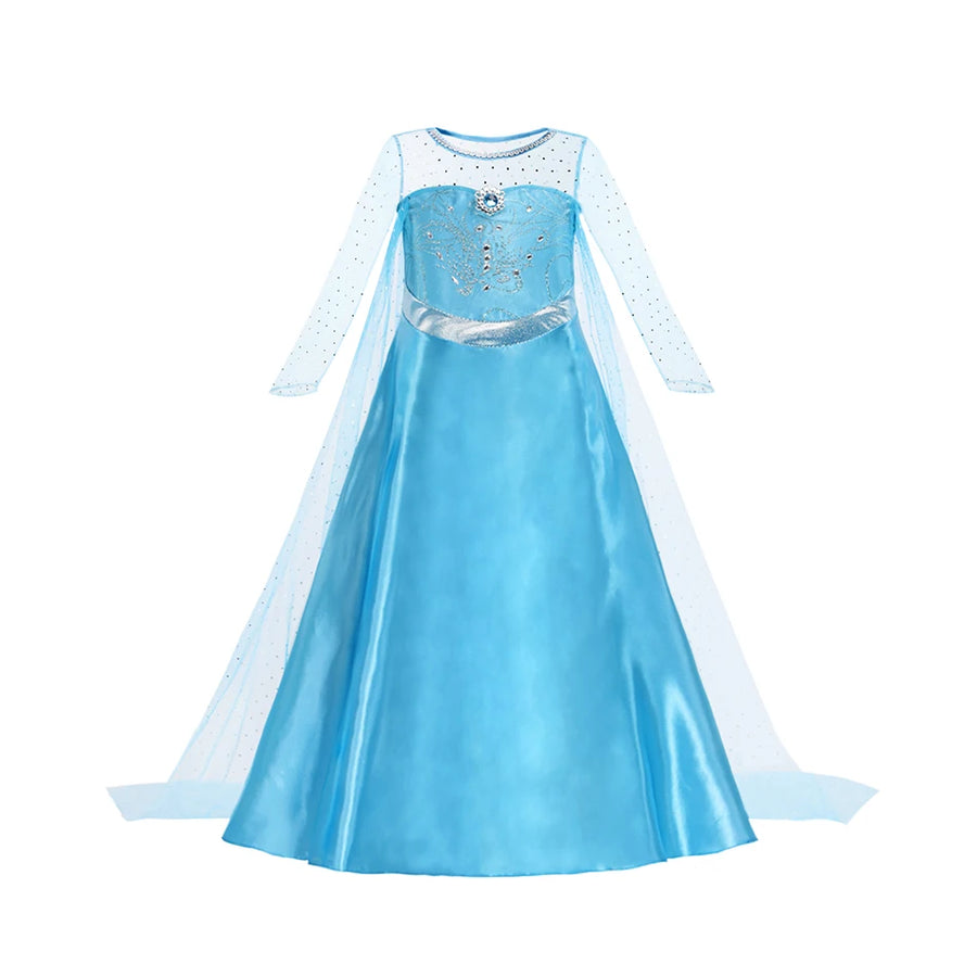 Blue princess dress costume with sheer sleeves and glitter cape