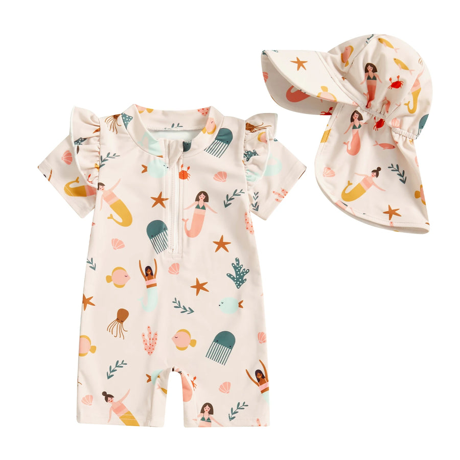 Cute Mermaids Print Baby Swimsuit Set, product view
