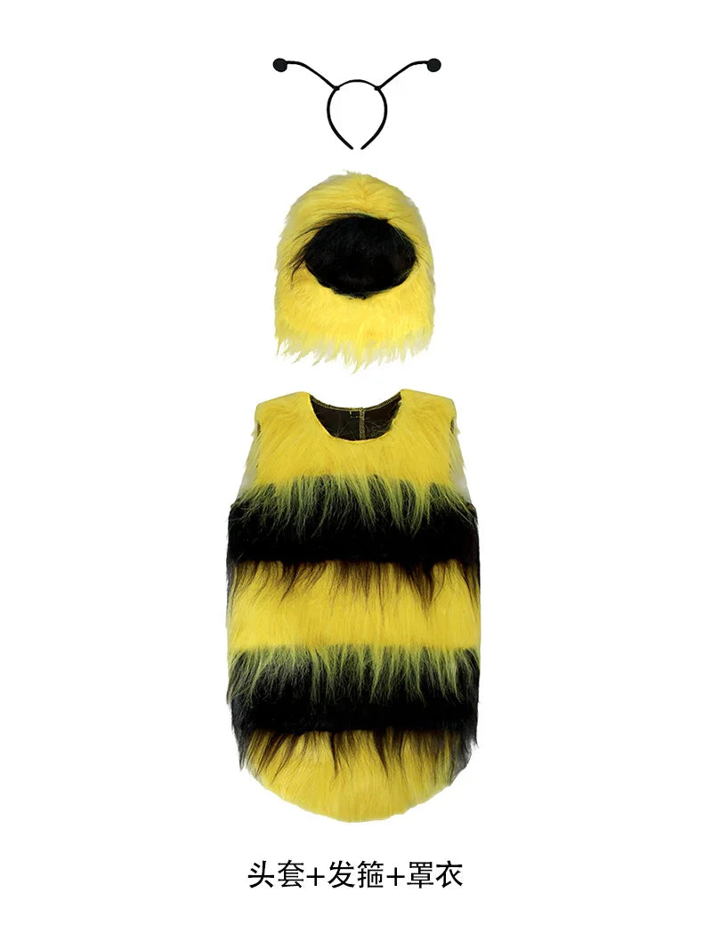 Yellow and black fuzzy bee costume set with jumpsuit and antenna headpiece
