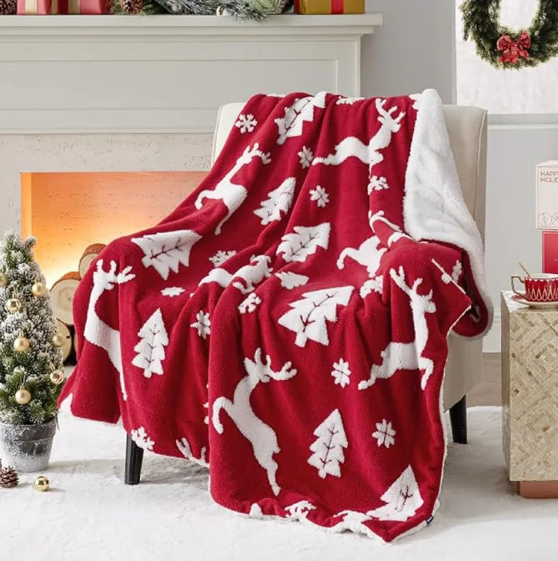 White Reindeer on Cranberry Christmas Throw Blanket
