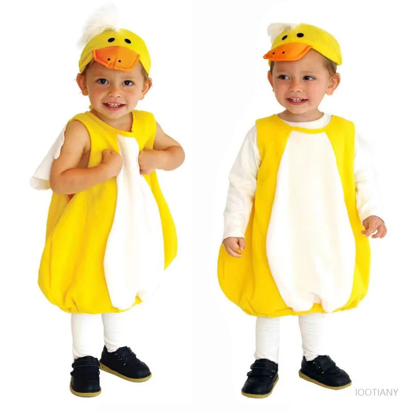 Toddler wearing yellow duckling jumpsuit costume with matching duck bill cap