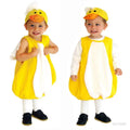 Toddler wearing yellow duckling jumpsuit costume with matching duck bill cap