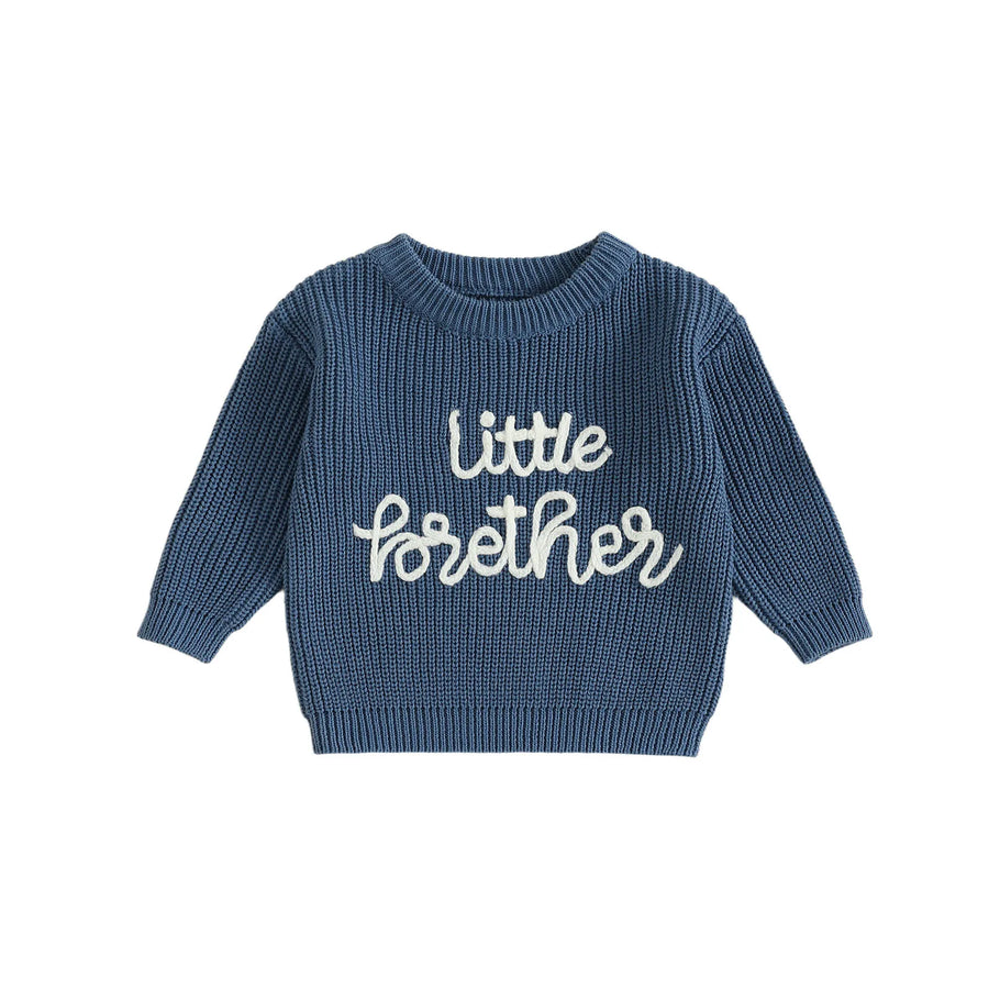 Navy blue Little Brother embroidered cotton knit baby sweater on white