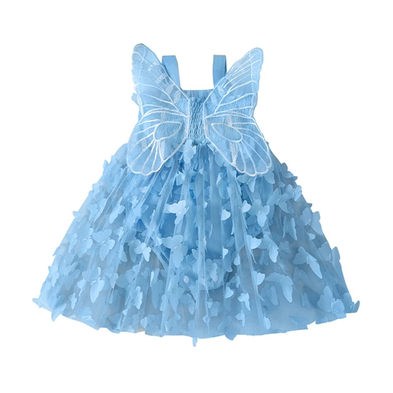Blue butterfly wings tulle romper dress for baby girls
