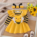 Yellow bee baby girls costume set with striped romper, yellow suspender dress with bee applique, and yellow headband with bee