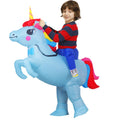 Child wearing blue inflatable unicorn ride-on costume