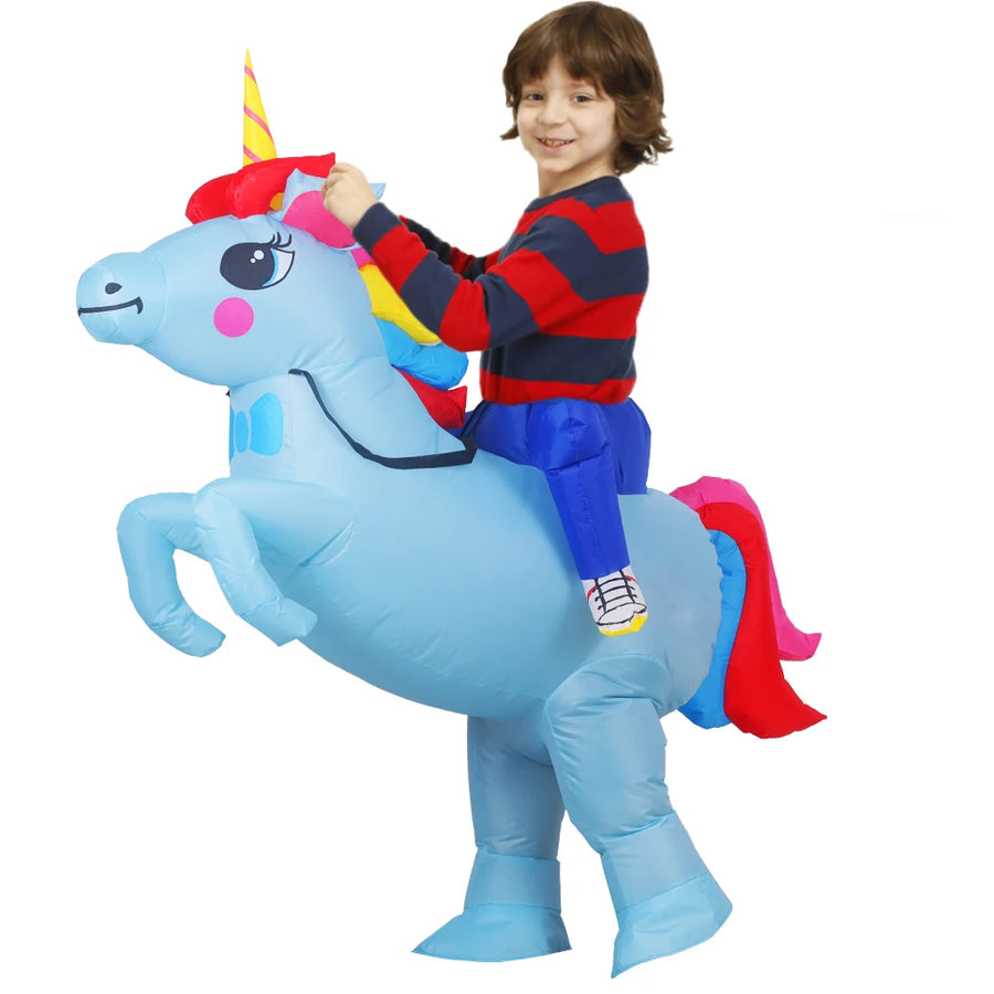 Child wearing blue inflatable unicorn ride-on costume