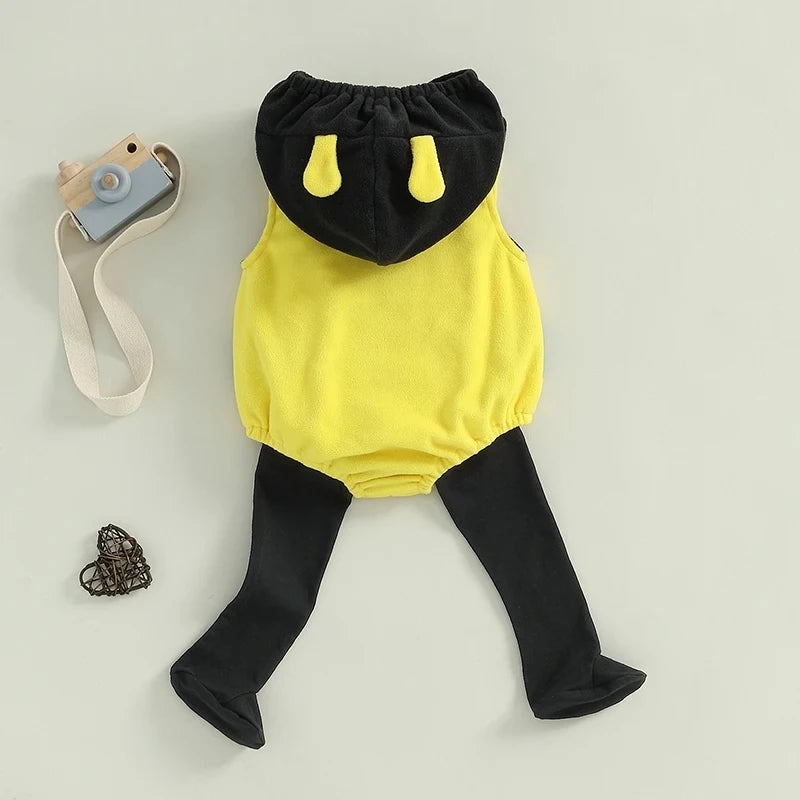 Back view of bumble bee romper costume with hood and antennae