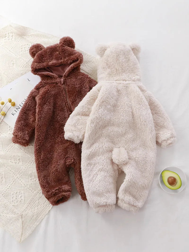 Plush Bear Hooded Romper with Full Zip Closure
