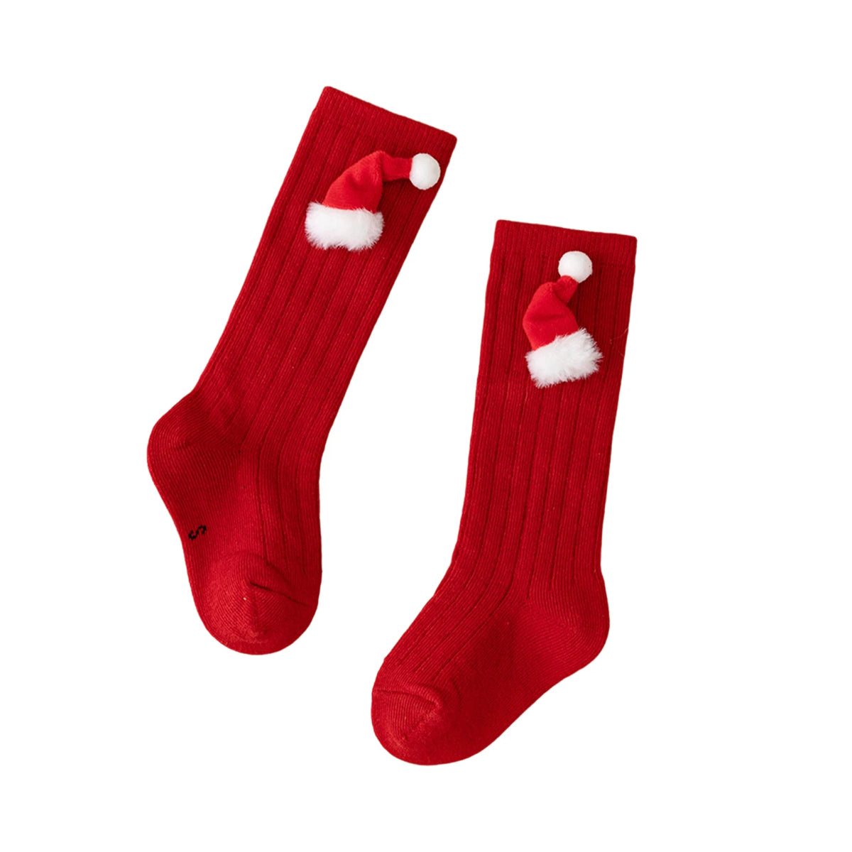 Red ribbed knee socks with small Santa hats, fluffy white trim, and white pom-poms near the top.