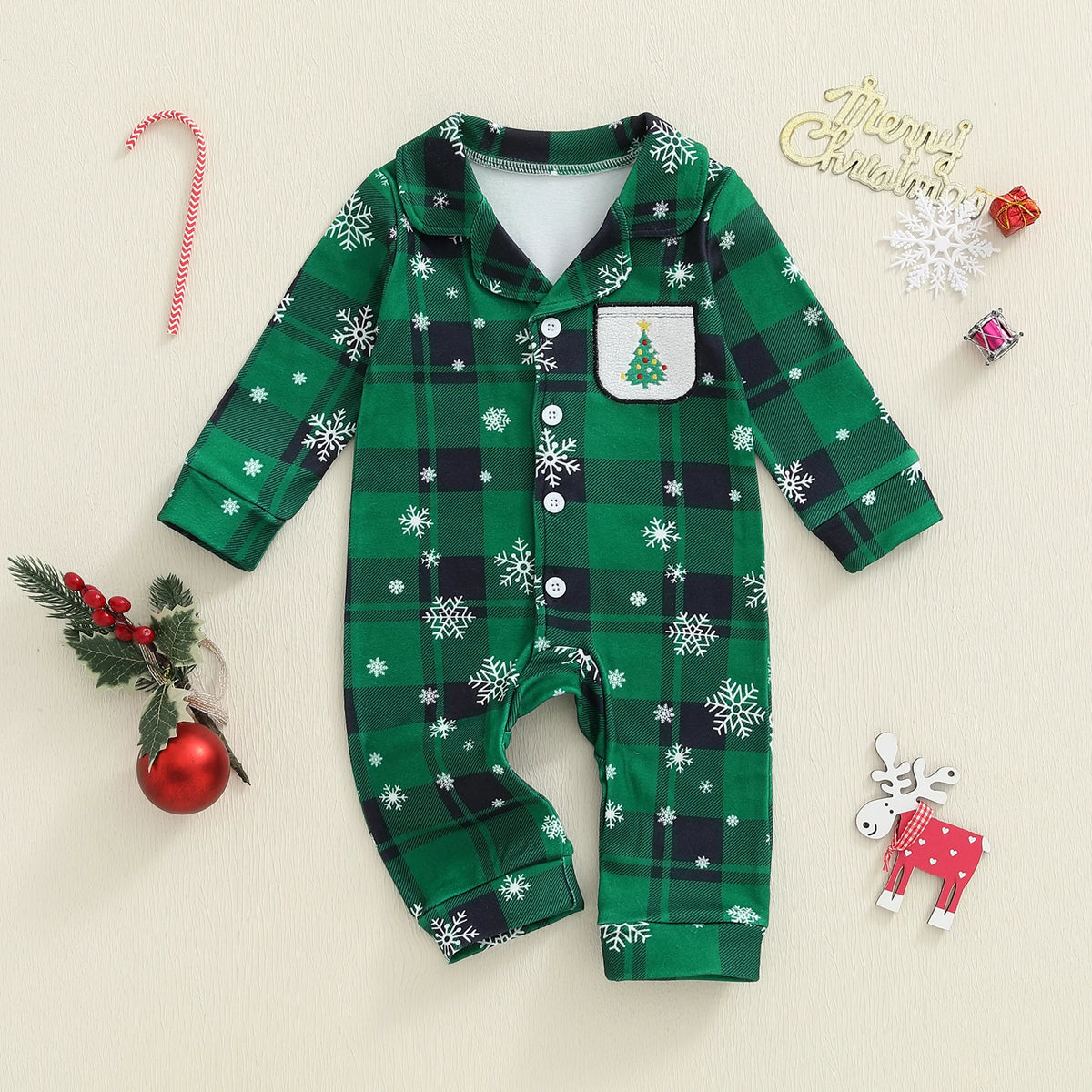Green Plaid & Christmas Tree Baby Romper