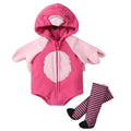 Pink flamingo baby romper costume with hood and striped stockings