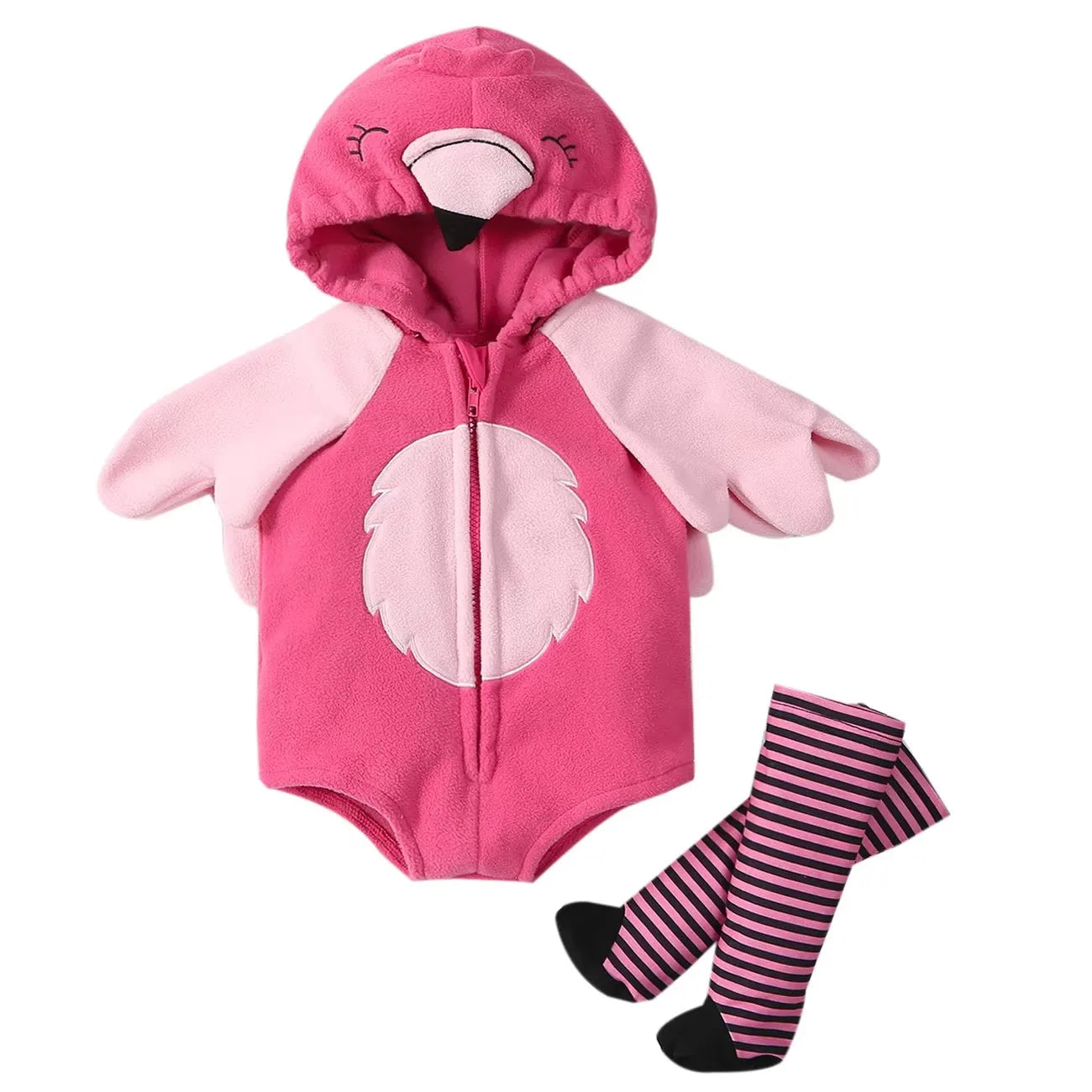 Pink flamingo baby romper costume with hood and striped stockings