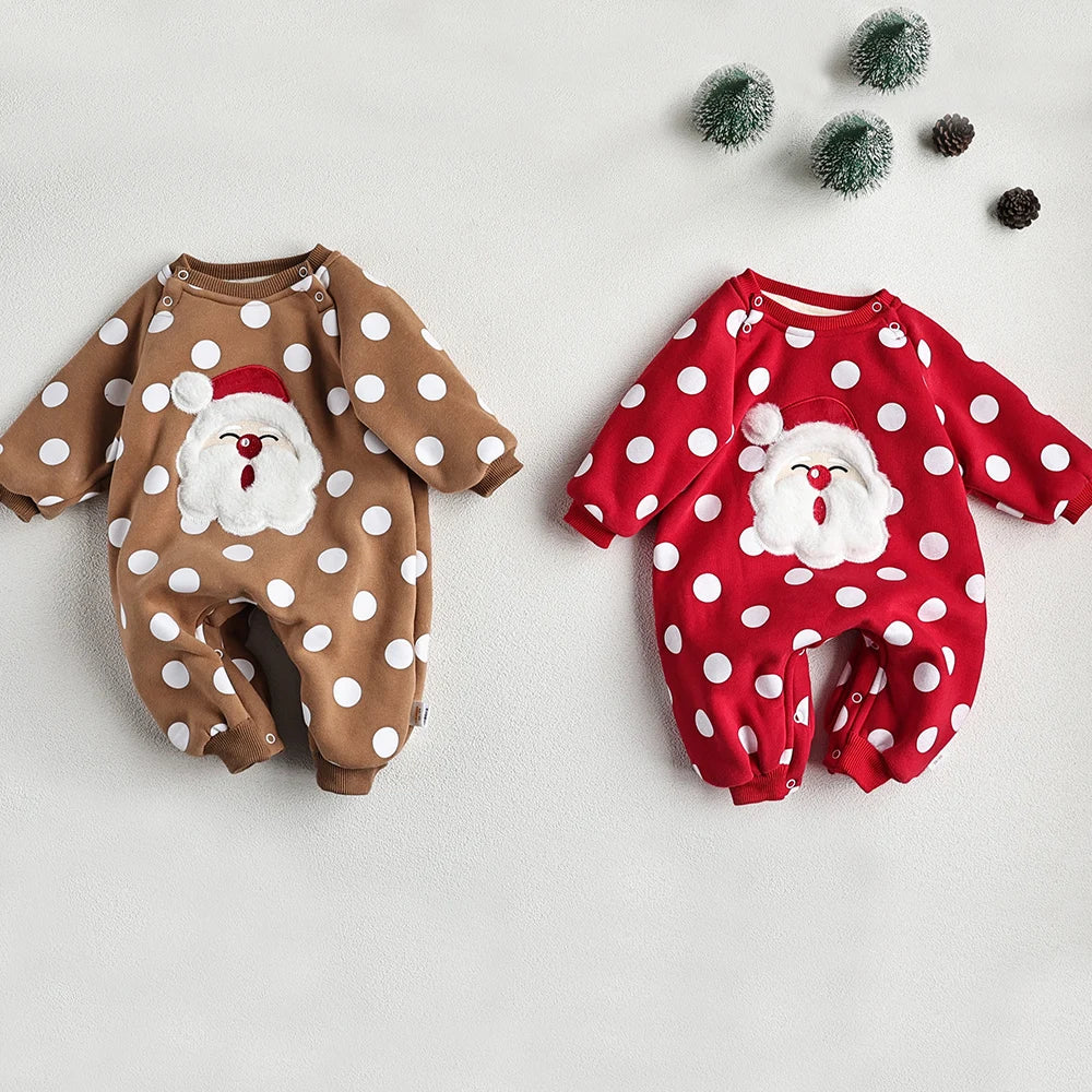 Brown and red long-sleeve baby rompers with large white polka dots and textured Santa face appliques.