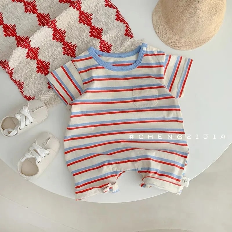 Unisex cotton stripe rainbow lightweight romper for children, soft and breathable fabric