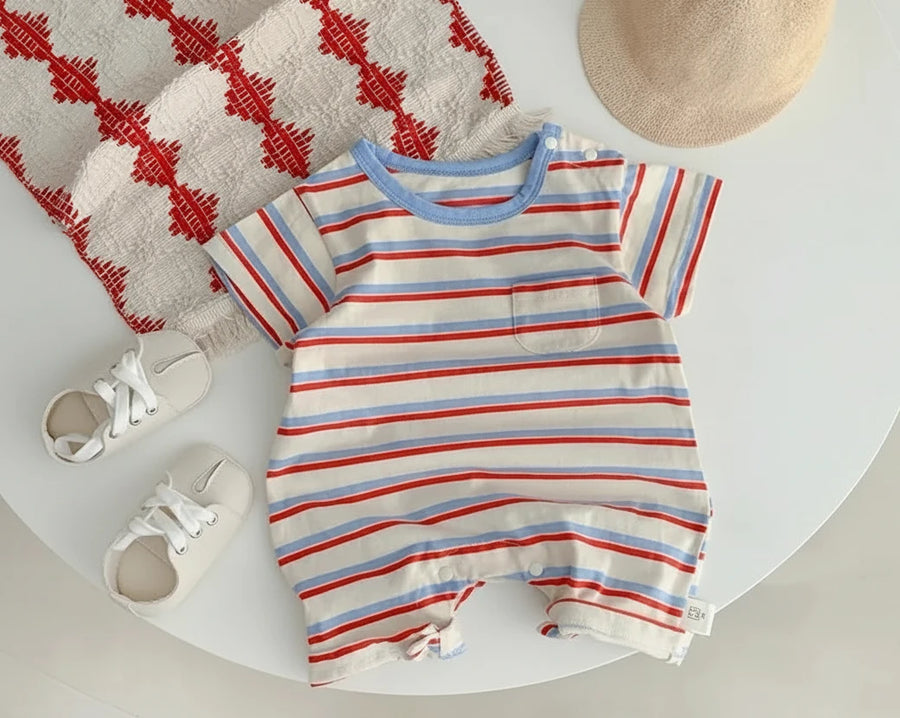 Unisex cotton stripe rainbow lightweight romper for children, soft and breathable fabric