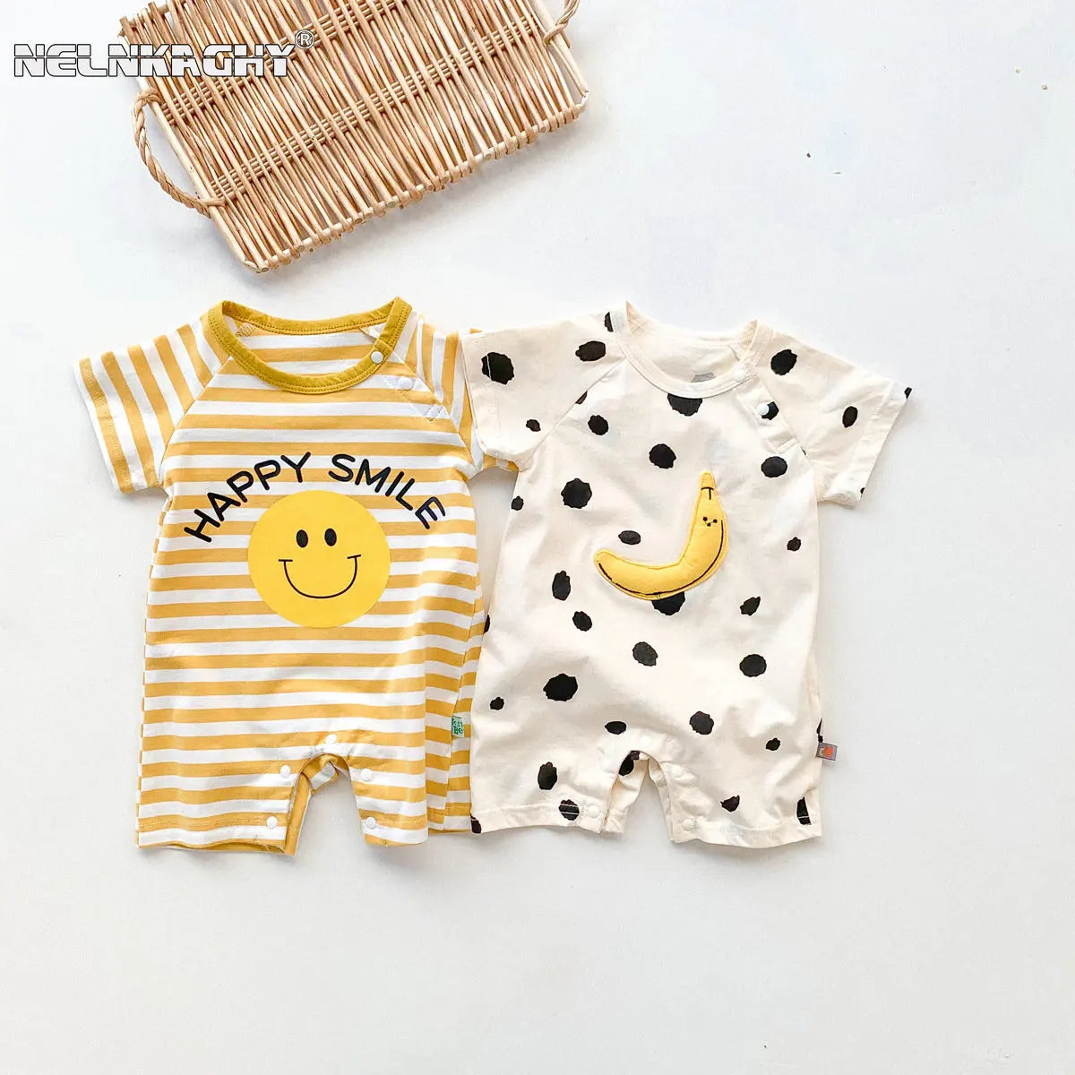 Summer Infant Baby Girls Cotton Romper with 3D Banana Dot and Stripe Print