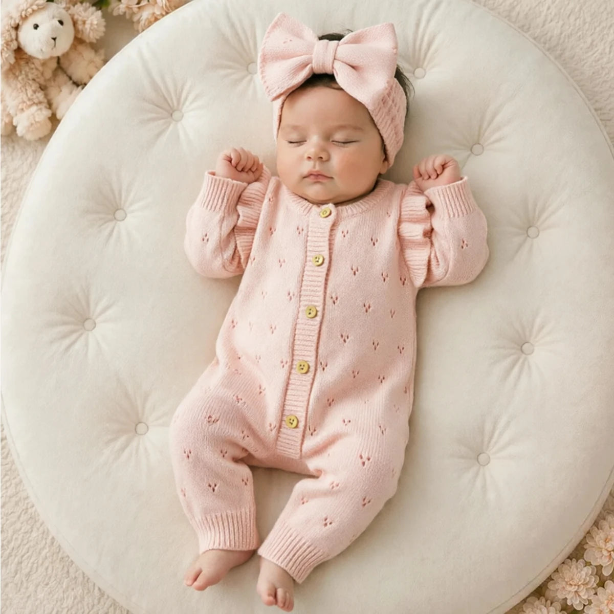 Pink Knit Romper with Heart Detail and Ruffle Sleeves