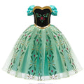 Embroidered puff sleeve dress with black bodice and turquoise floral skirt