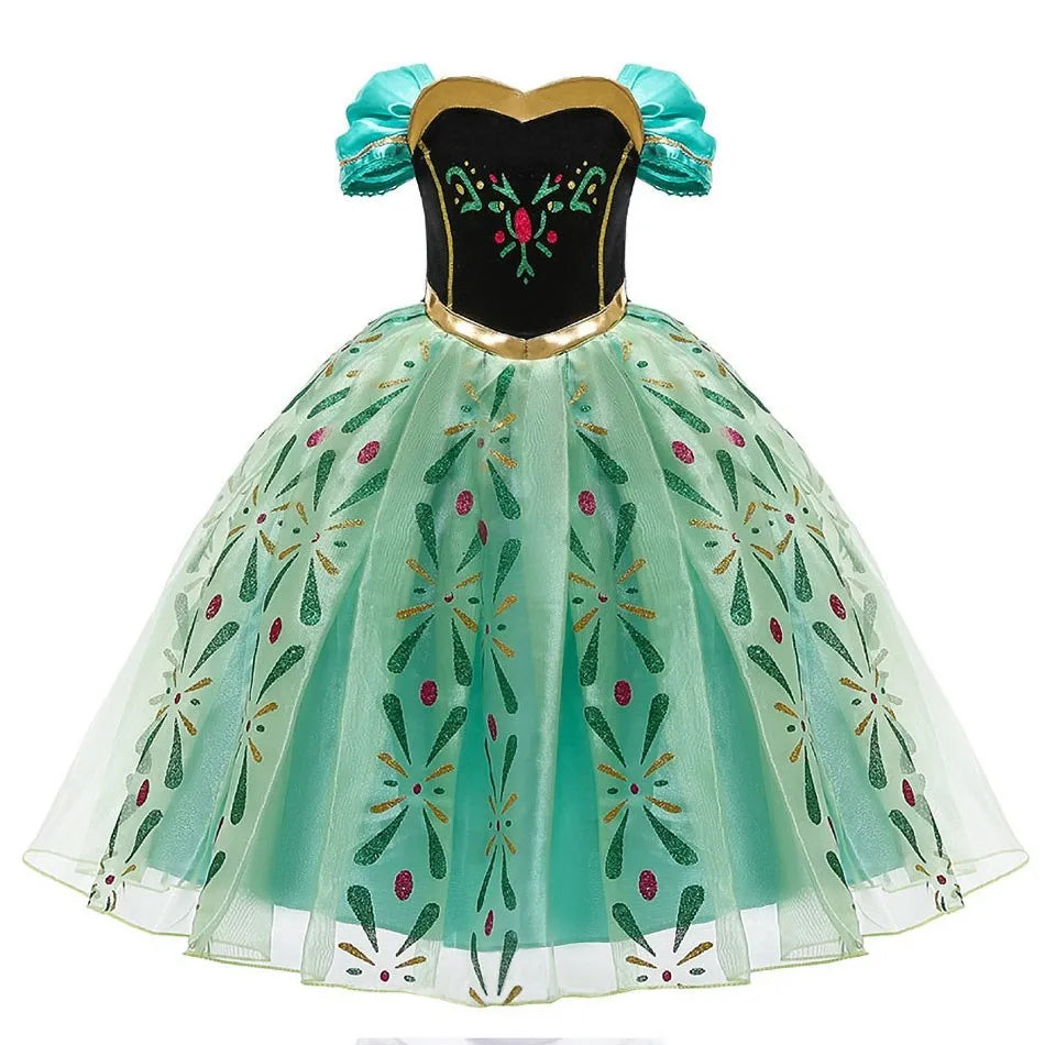Embroidered puff sleeve dress with black bodice and turquoise floral skirt