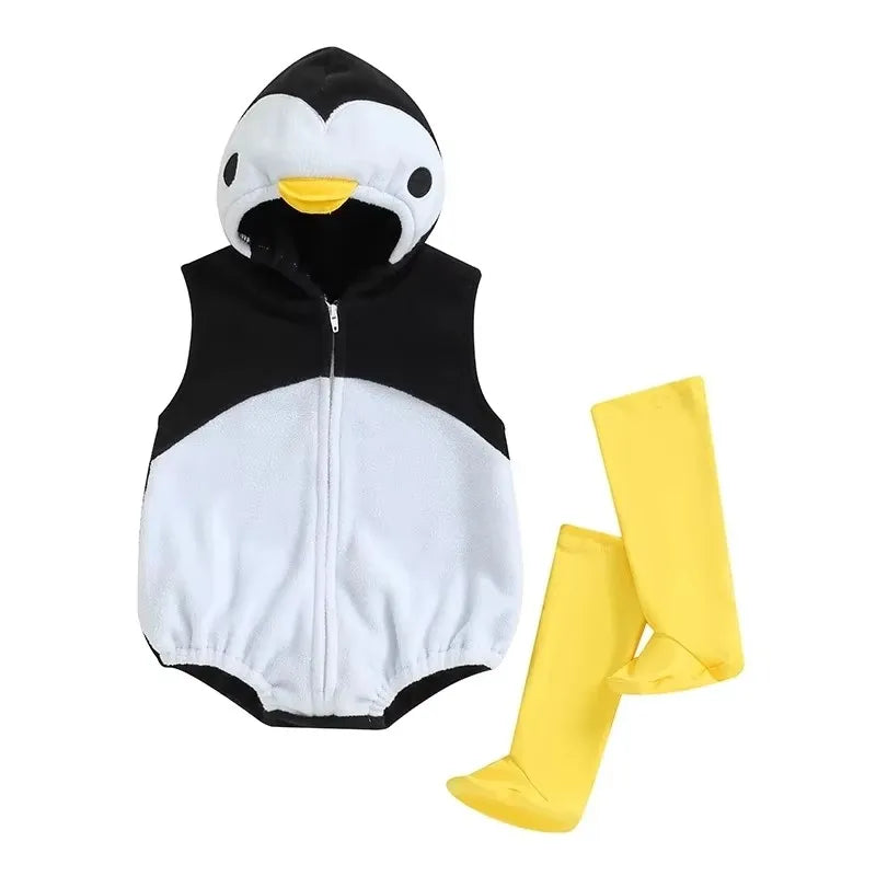 Baby penguin hooded romper costume with yellow stockings