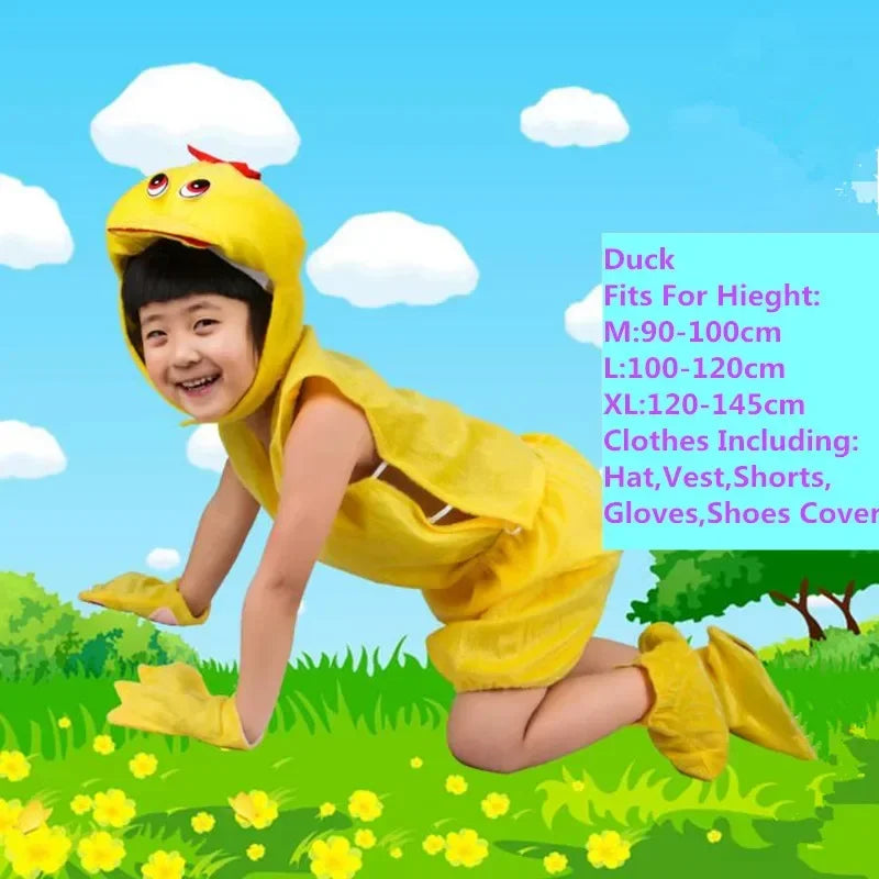 Child wearing yellow duck animal costume set with hat, vest, shorts, gloves, and shoe covers