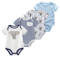 Four-piece elephant print cotton baby bodysuit set in blue, navy, and white
