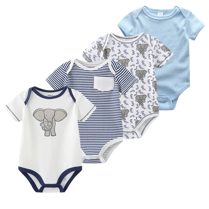 Four-piece elephant print cotton baby bodysuit set in blue, navy, and white