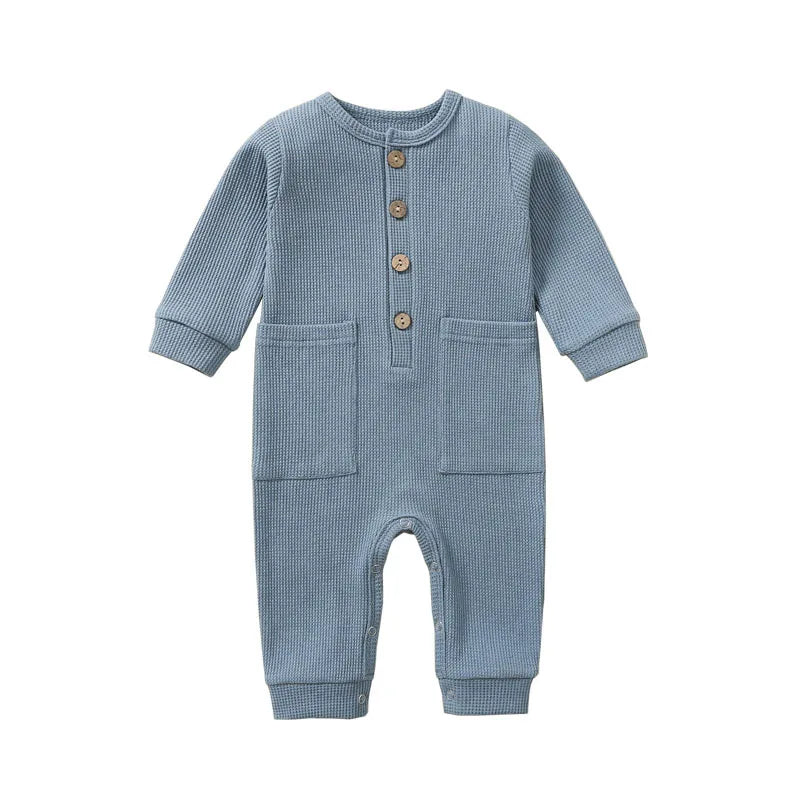 Waffle Knit Pocket Romper - Blue, product view