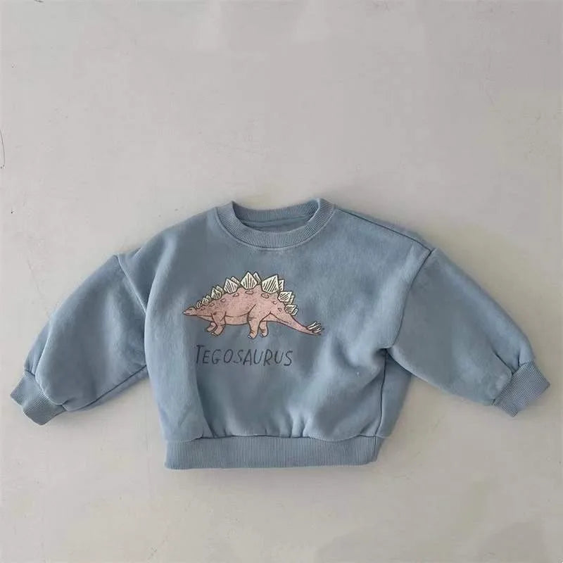 Cartoon Dinosaur Pullover Sweatshirt in Light Grey