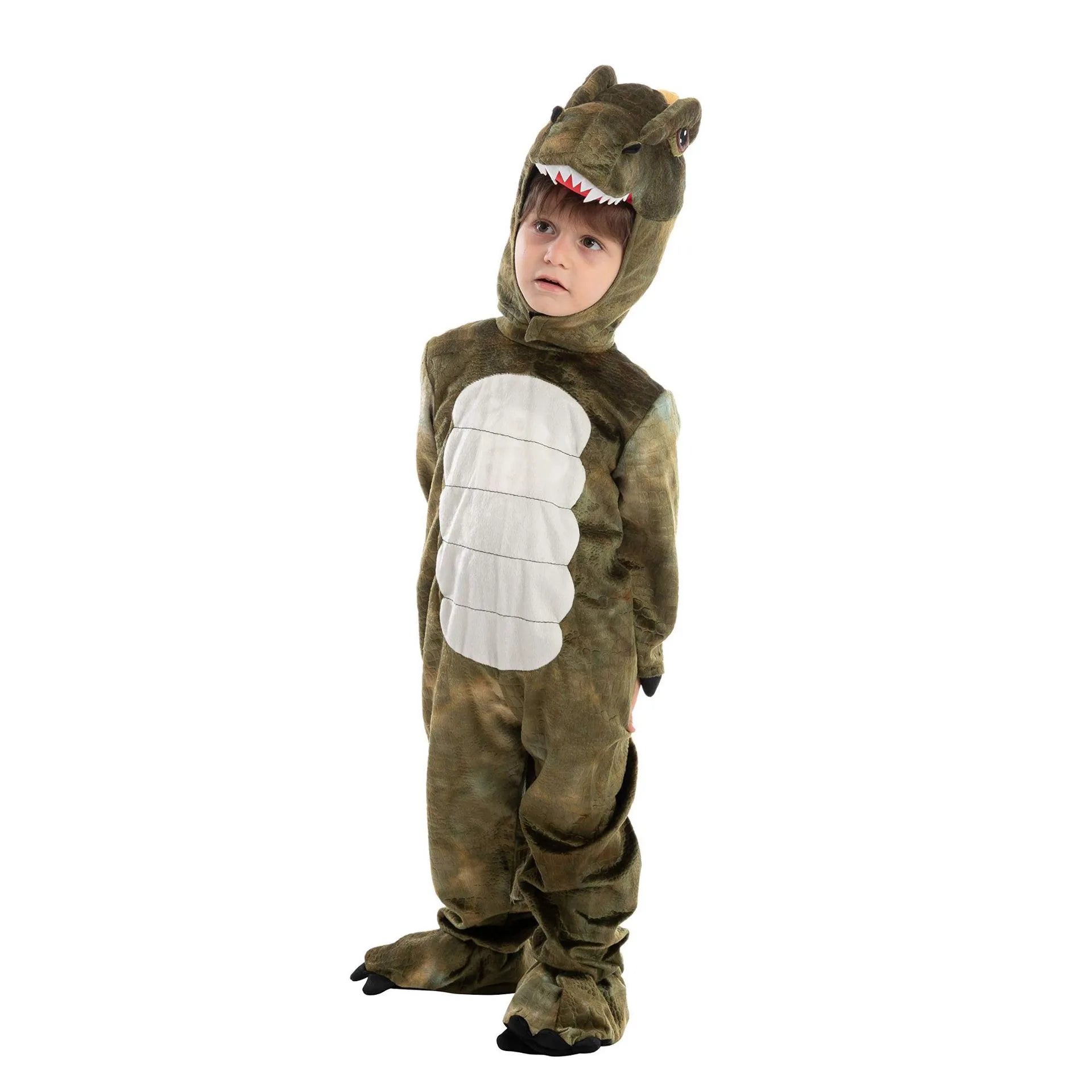 Child wearing brown dinosaur hooded romper costume holding dinosaur egg prop