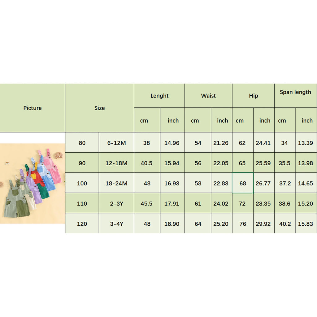 Supplier measurement chart for the colorblock overall shorts