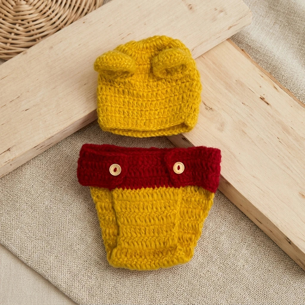 Yellow crochet bear hat and yellow diaper cover with red waistband