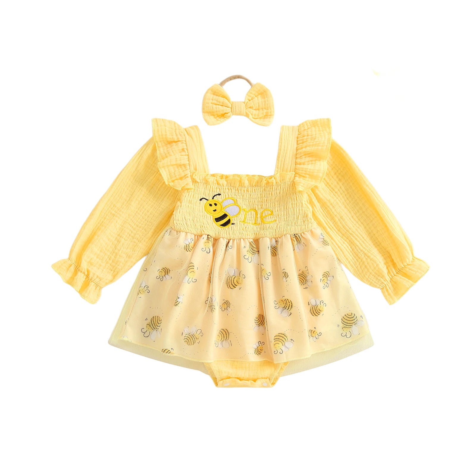 Yellow baby romper dress with bee design and matching bow headband