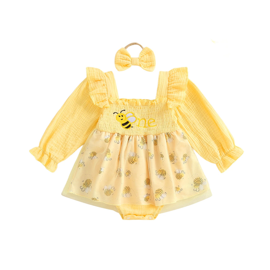 Yellow baby romper dress with bee design and matching bow headband