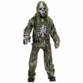 Child wearing army green zombie skeleton costume set with hooded top, pants, skeletal mask, and gloves