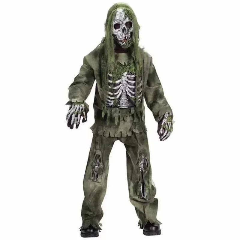 Child wearing army green zombie skeleton costume set with hooded top, pants, skeletal mask, and gloves
