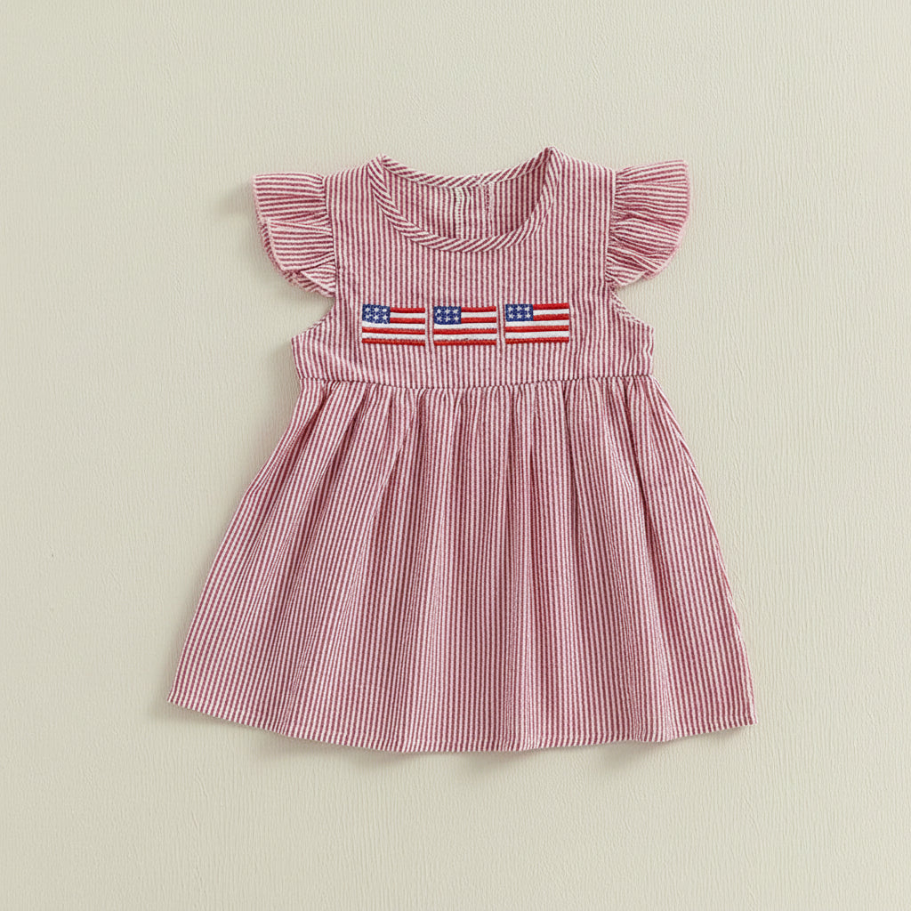 Stars & Stripes Seersucker Flutter Dress - Red