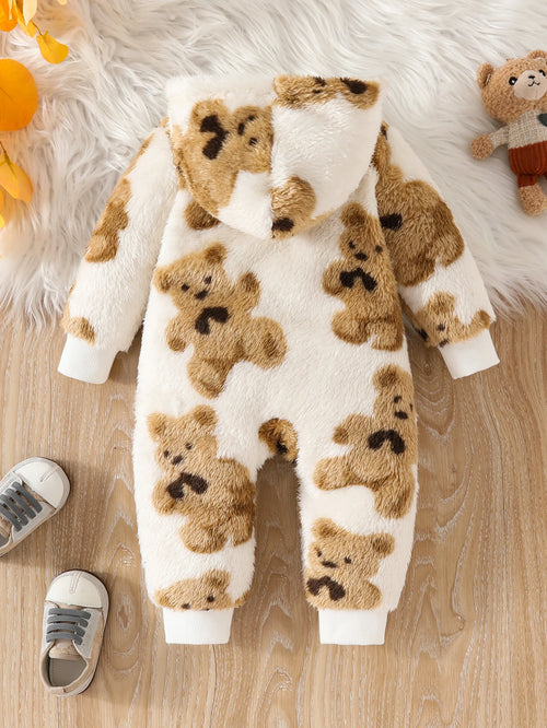 Fluffy teddy bear printed romper for baby girls
